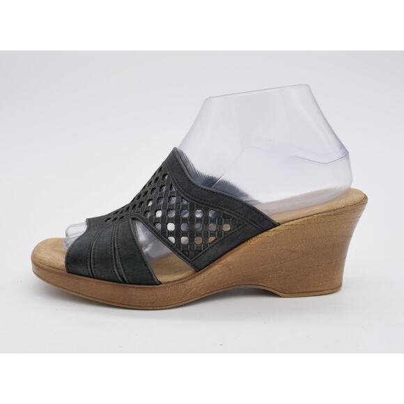 Spring Step Sandals Women 8.5 Black Leather Perforated Platform Wedge Heel Slide - Picture 2 of 10